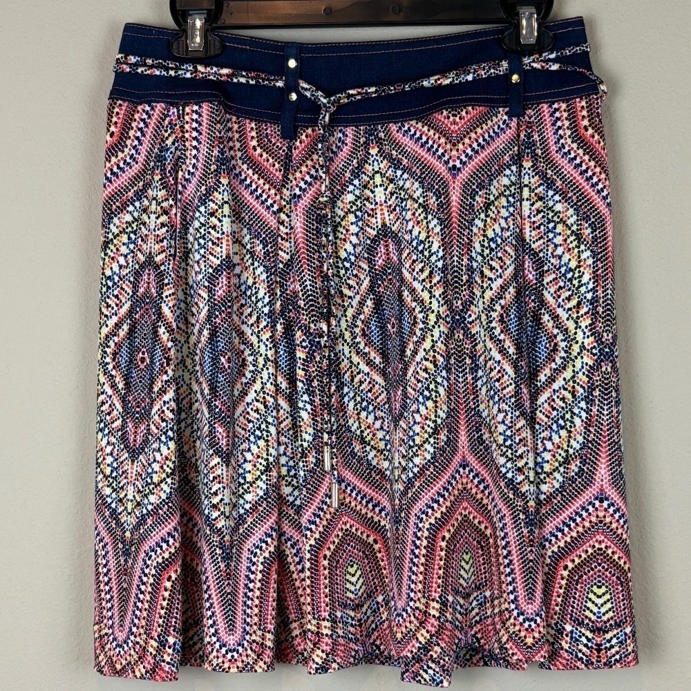 Etcetera Boho A-Line Cotton Blend Knee Length Skirt with Denim/Brass Accents